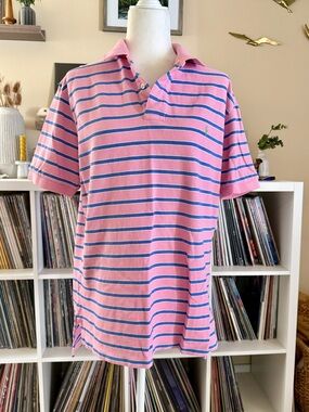 Men’s Size Large Polo Ralph Lauren Pink Striped Cotton Pullover Polo Shirt